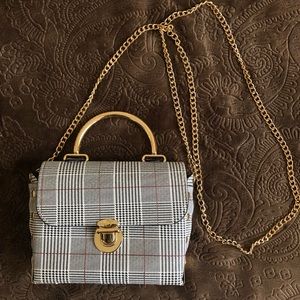 NEW. Gray/Red Pattern Plaid Crossbody Bag